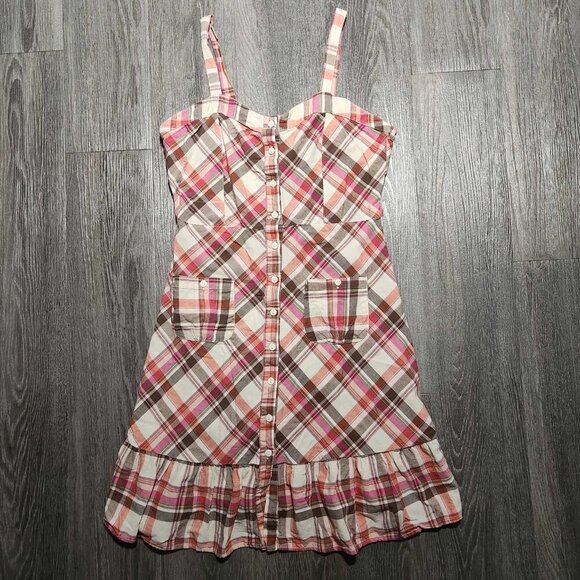 Vintage cute Y2K pink and brown plaid sweetheart midi dress with ruffles - Picture 10 of 14